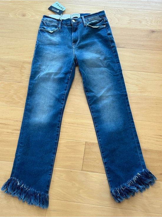 Frame Denim Denim - Frame Denim Dark Blue Straight-Leg Jeans with Frayed Hem Size 28 NWT